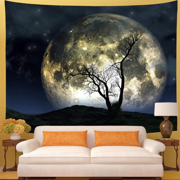 Huge Full Moon Starry Night Sky Art Tree Wall Decor Tapestry Stars Moonlight New